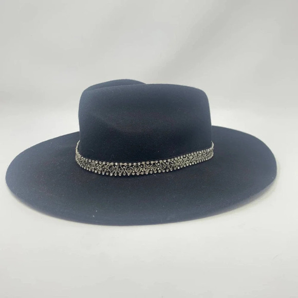 Zara Hat Wool Fedora Hat with Crystals Rhinestones‎ Wide Brim Black Size Small - Picture 1 of 6